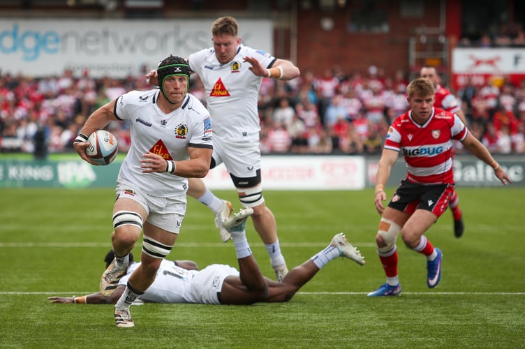 Exeter's Ross Vintcent crosses for his side's opening try against Gloucester at Kingsholm (Pictures: Exeter Chiefs)