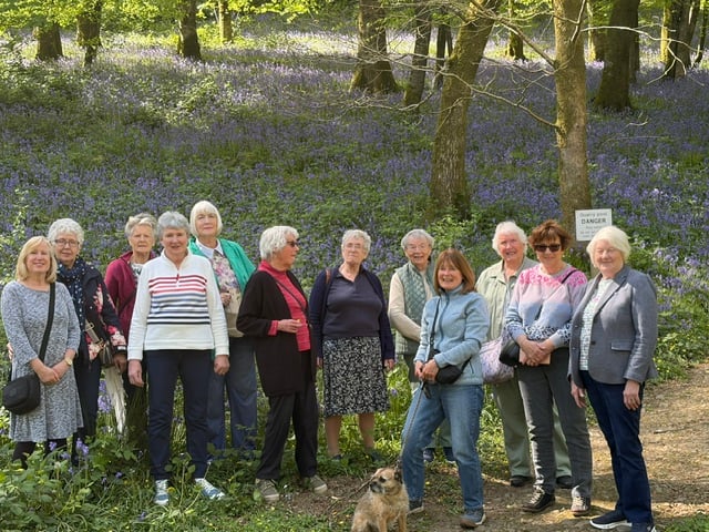Some of the members of Coad's Green Women on Wednesdays and Drake, the dog, standing against a background of bluebells at “The Willows Cafe and Woodland Walk” in North Petherwin.