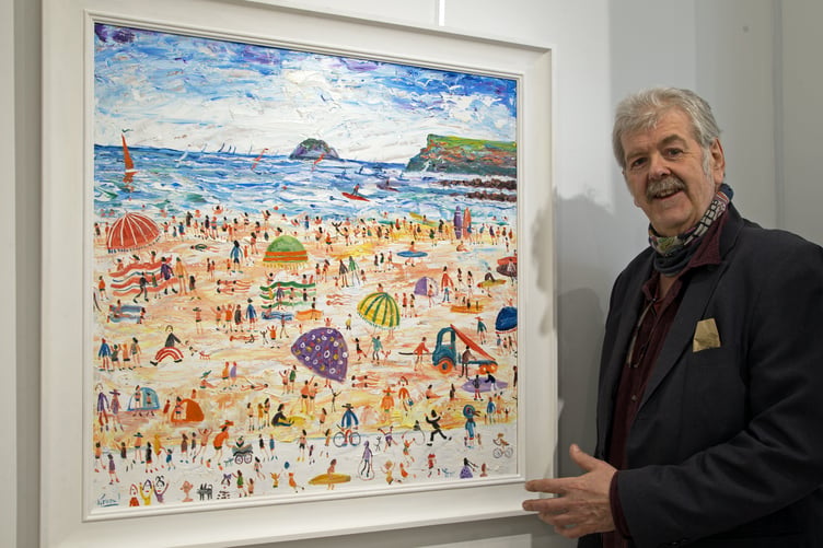Painter Simeon Stafford with his artwork Polzeath.