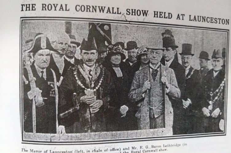 The Post is grateful to Andrew Lethbridge for supplying this cutting showing the Royal Cornwall Show's return at Launceston 100 years ago.
Pictured is the then-mayor of Launceston and Mr E G Baron Lethbridge, the president, who opened the show.
Mr Lethbridge said: "It was good to see the return of "Looking Back" in last week's Cornish and Devon Post.
"Further to the item "100 years ago" please find attached two photos of newspaper cuttings from the opening of the Royal Cornwall Show in 1926.
"These may be of interest to your readers."