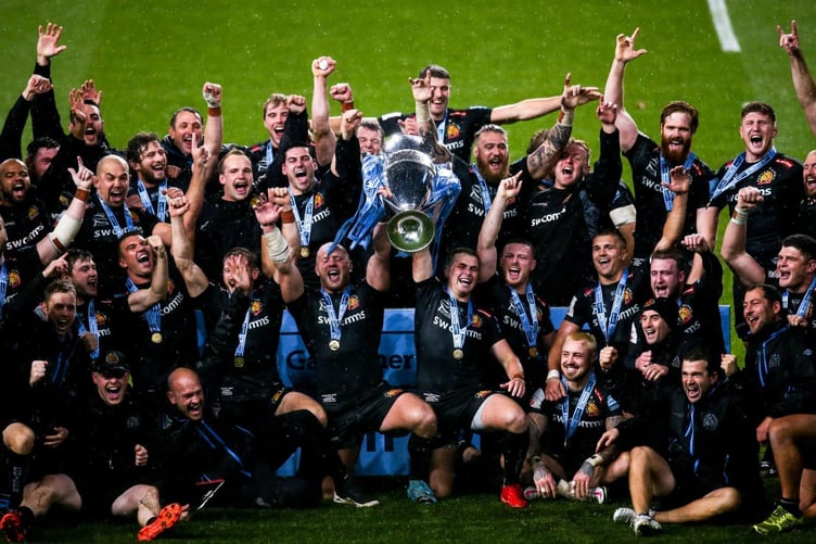 Exeter Chiefs celebrating one of their Premiership successes in 2020