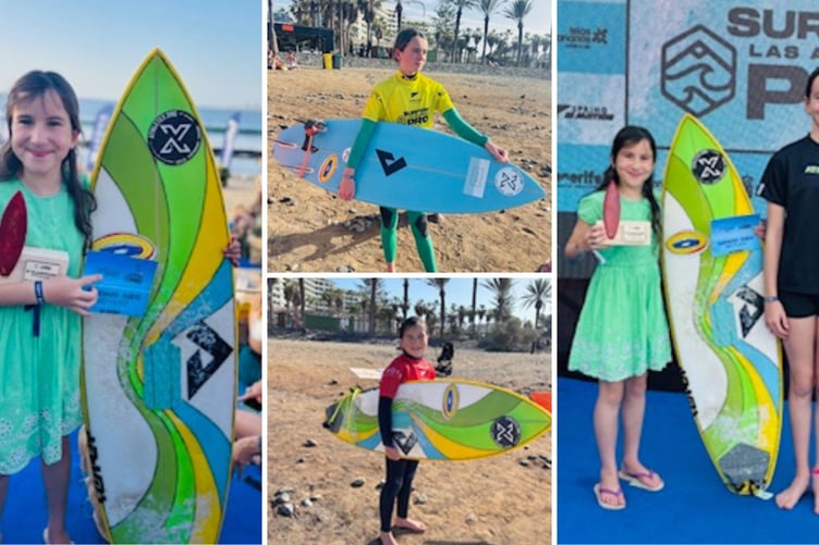 Kaleia and big sister Arabella Peres, of Launceston, are pictures at the Euro Kids European Surf Championship 2025