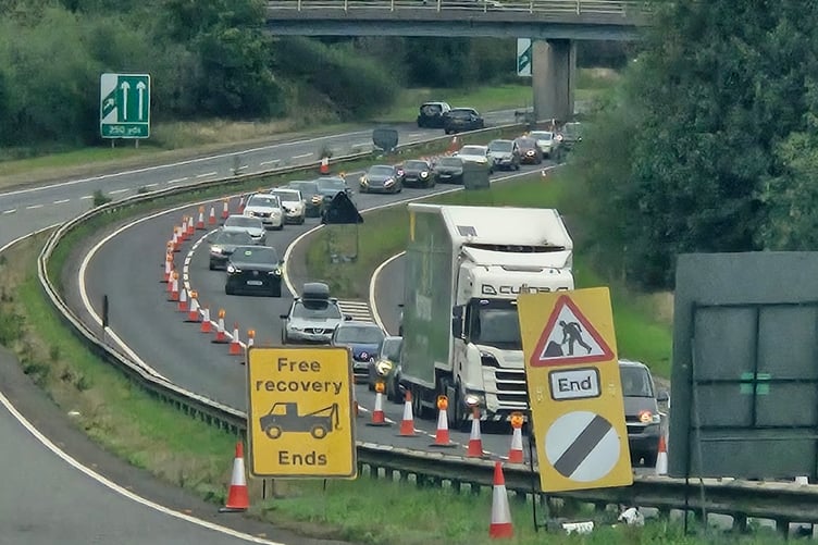 Tailbacks have been seen in both directions as traffic is squeezed down to one lane on Cornwall's major road the A30