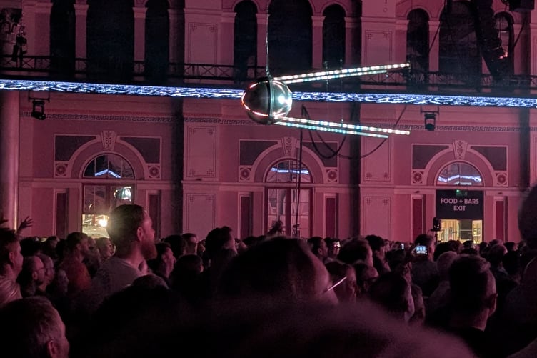 The sputnik satellite flying above the crowd at PSB's performance at Alexandra Palace (Picture: Aaron Greenaway)