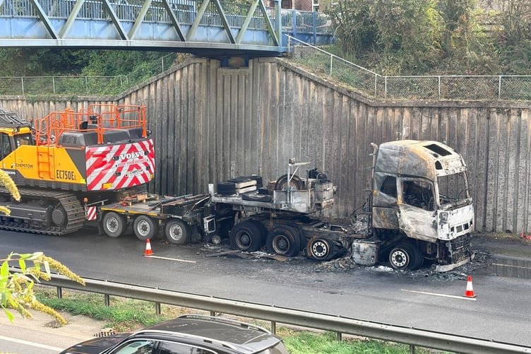 The lorry remains on the A30 and is a shell having been destroyed by fire